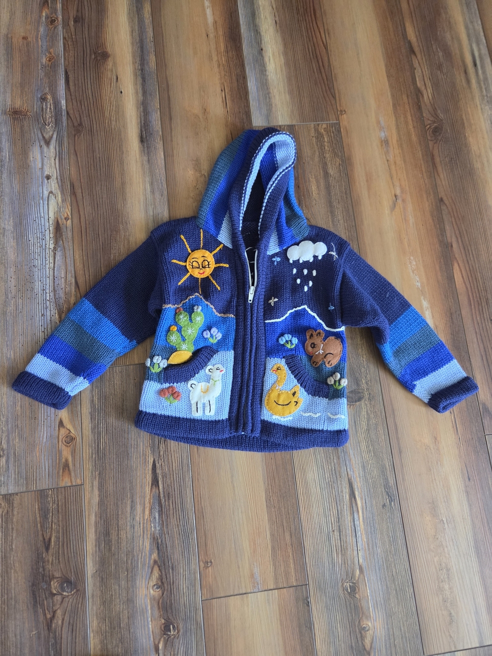 Kids Navy Blue Hooded Zip-Up Sweater with Animal Appliqués